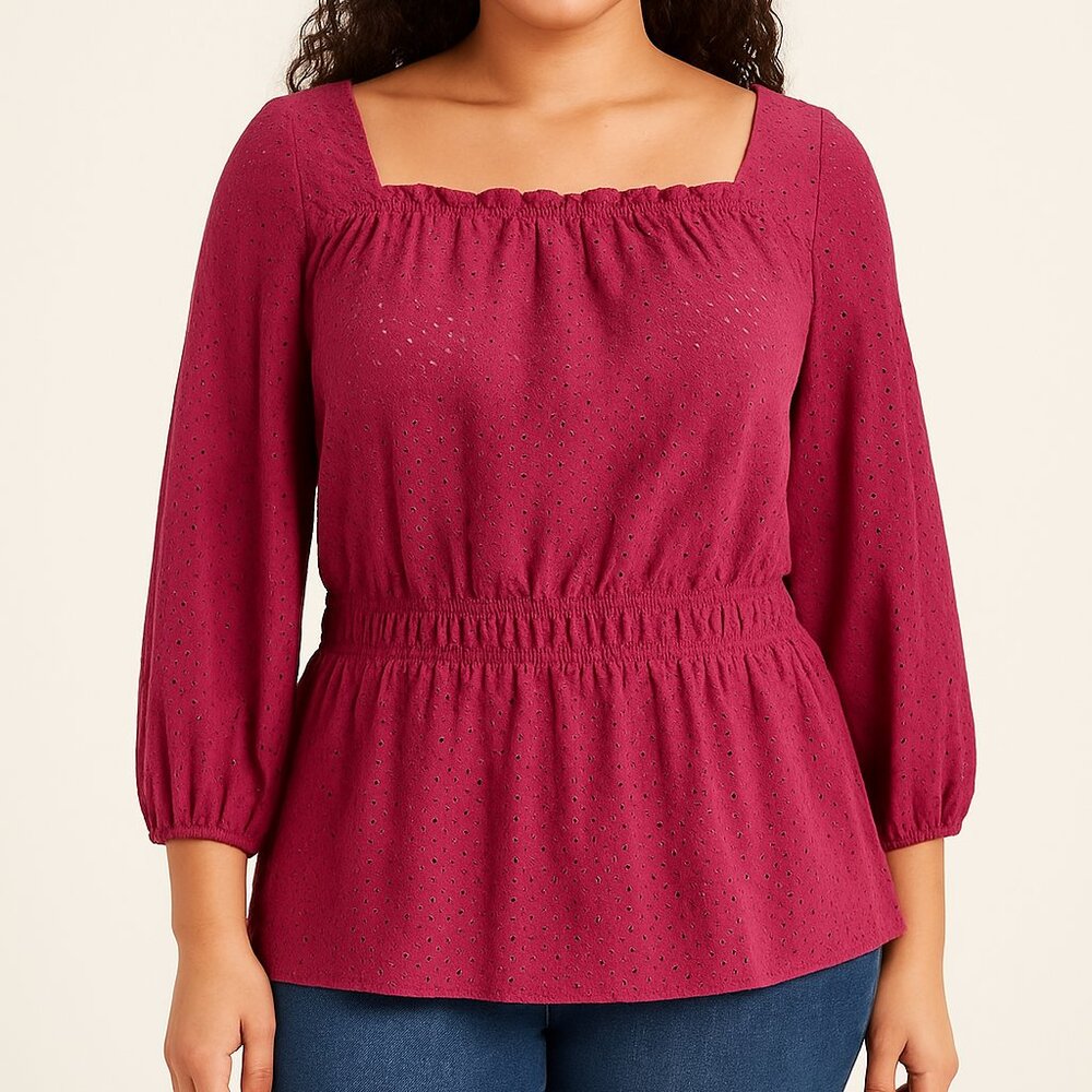 Lane Bryant Womens Eyelet Peplum Blouse Size 14/16 Burgundy 3/4 Sleeves